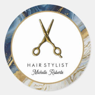 Personalised Marble Gold Scissors Hair Salon  Classic Round Sticker