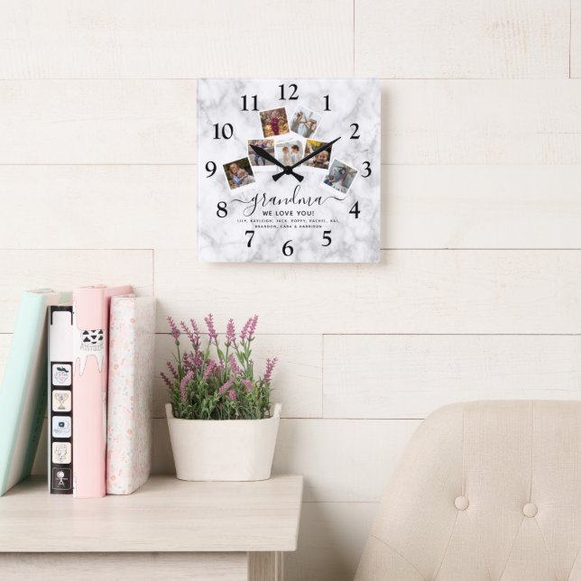 Personalised Marble Grandma Photo Collage Family Square Wall Clock (Reading Room)