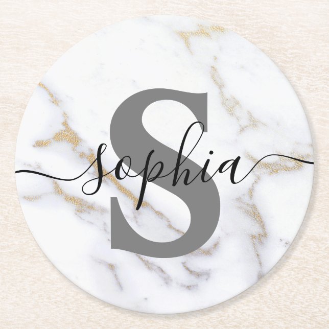 Personalised Marble Monogram Custom Text Modern Round Paper Coaster (Front)