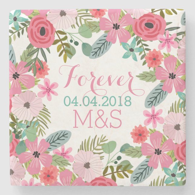 Personalised marble stone coaster Floral wedding (Front)