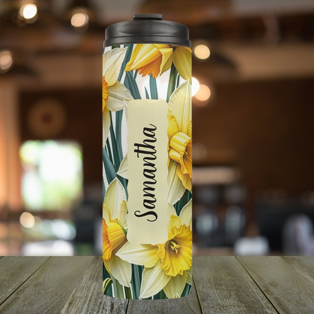 Personalised March Birth Flower Daffodil 16 oz Thermal Tumbler (Personalized 20 oz thermal tumbler with the birth flower of March, the Daffodil)