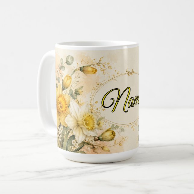 Personalised March Birth Flower Daffodil Coffee Mug (Front Left)