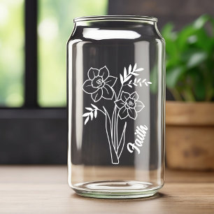 Personalised March Birth Flower Daffodil White Can Glass
