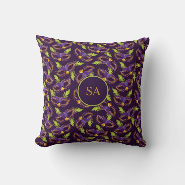 Personalised Mardi Gras Gold Green Purple Mask Cushion (Front)