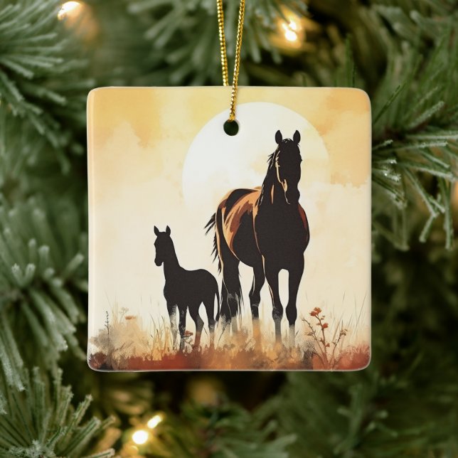 Personalised Mare, Foal Baby's 1st Christmas Horse Ceramic Ornament (Tree)