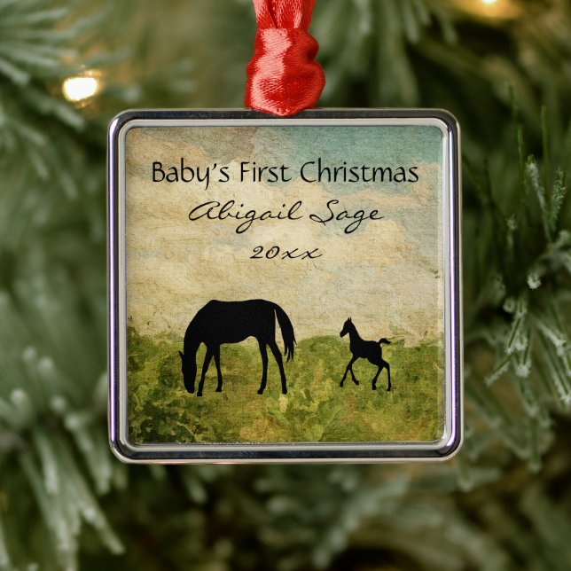 Personalised Mare Foal Horse Baby's 1st Christmas Metal Tree Decoration (Tree)