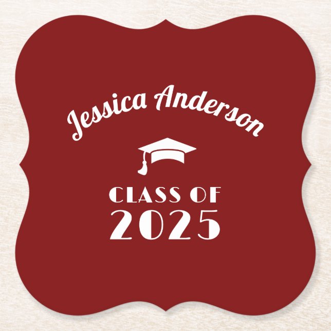 Personalised Maroon and White Graduation  Paper Coaster (Front)