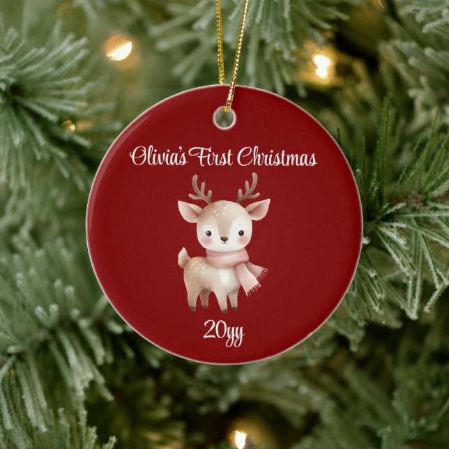 Personalised Maroon Deer Baby Girl First Christmas Ceramic Tree Decoration (Tree)