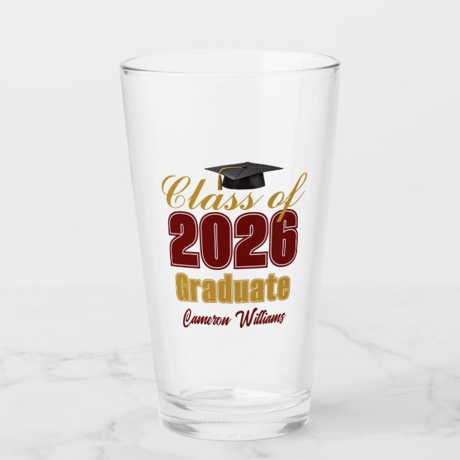 Personalised Maroon Gold Class of 2026 Graduation Glass (Front)