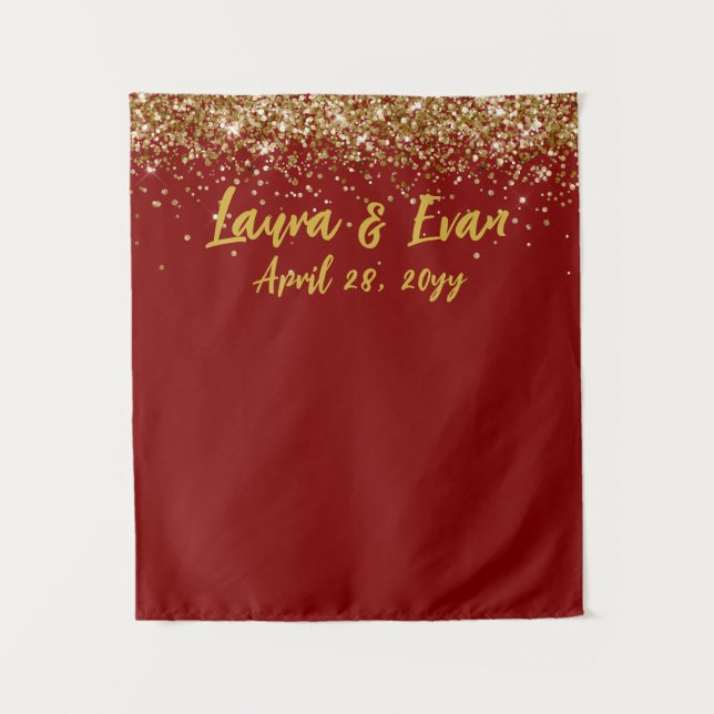 Personalised Maroon Gold Wedding Photo Booth Prop Tapestry (Front)