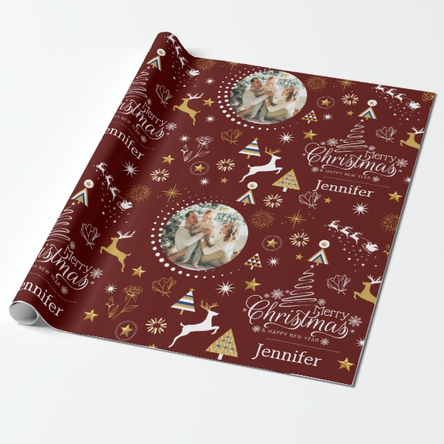 Personalised Maroon Merry Christmas gift Wrapping Paper (Unrolled)