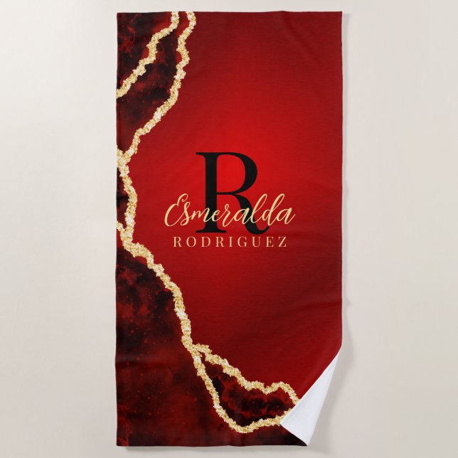 Personalised Maroon Red Gold Black Stylish Agate Beach Towel (Front)