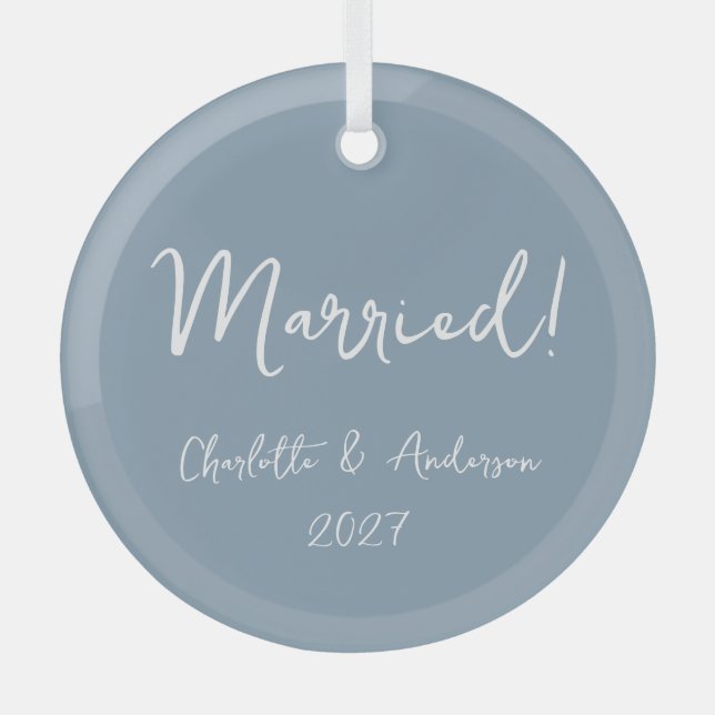 Personalised Married Couple Handwritten Blue Glass Tree Decoration (Front)