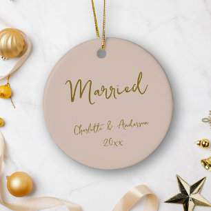 Personalised Married Couple Handwritten Blush Gold Ceramic Tree Decoration