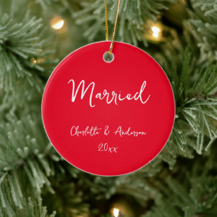 Personalised Married Couple Handwritten Red Ceramic Tree Decoration