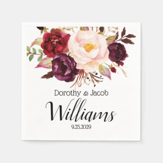 Personalised Marsala Peony Bouquet Boho Wedding Napkin