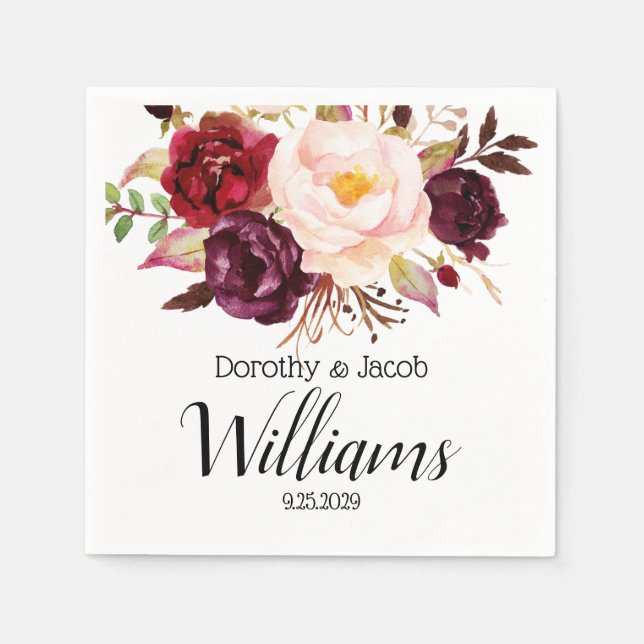 Personalised Marsala Peony Bouquet Boho Wedding  Napkin (Front)