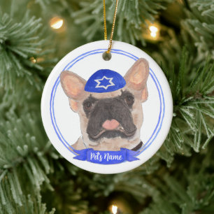 Personalised Masked Frenchie Hanukkah Ceramic Tree Decoration