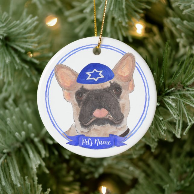 Personalised Masked Frenchie Hanukkah Ceramic Tree Decoration (Tree)