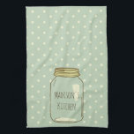 Personalised Mason Jar Kitchen Towel Polka Dots<br><div class="desc">A cute blue mason jar decorates this adorable kitchen towel with a pale aqua blue polka dot background. Use the fill in the blank fields to easily customise this towel with your information. These make a great wedding shower gift, housewarming present or hostess gift. These coordinate with other items in...</div>