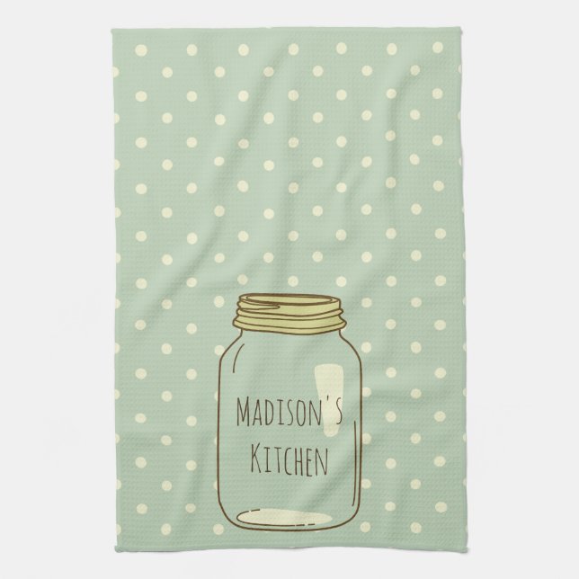 Personalised Mason Jar Kitchen Towel Polka Dots (Vertical)
