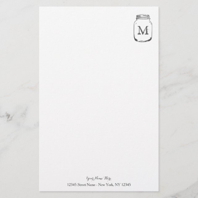 Personalised mason jar monogram stationery paper (Front)
