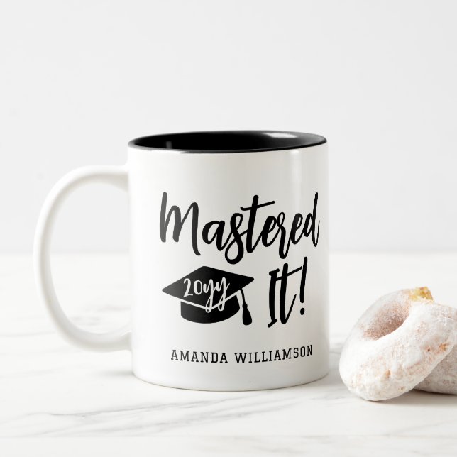 Personalised Masters Degree Graduation Mastered It Two-Tone Coffee Mug (With Donut)