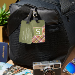 Personalised Mauve Pink Green Classy Plaid Pattern Luggage Tag