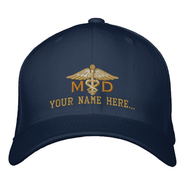 Personalised MD Your Text Medical Caduceus Embroidered Hat (Front)