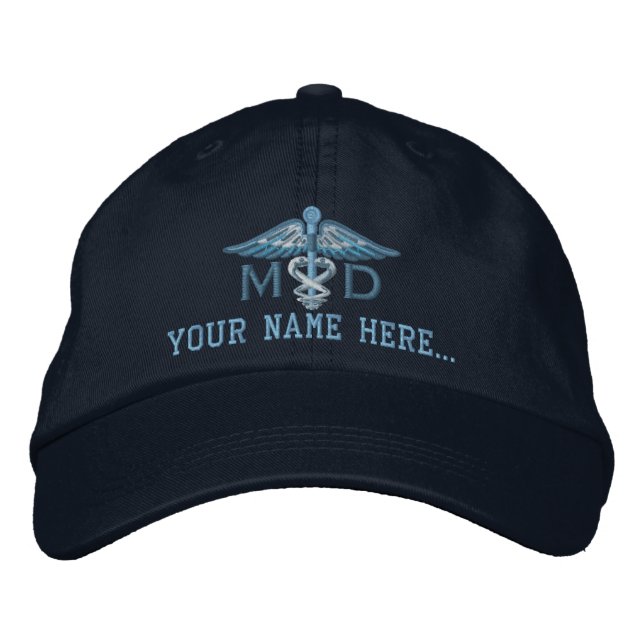 Personalised MD Your Text Medical Caduceus Embroidered Hat (Front)