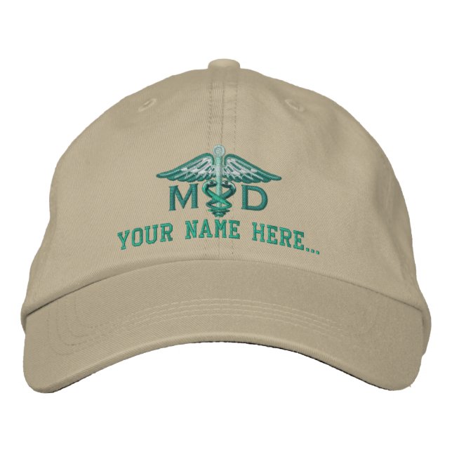 Personalised MD Your Text Medical Caduceus Embroidered Hat (Front)