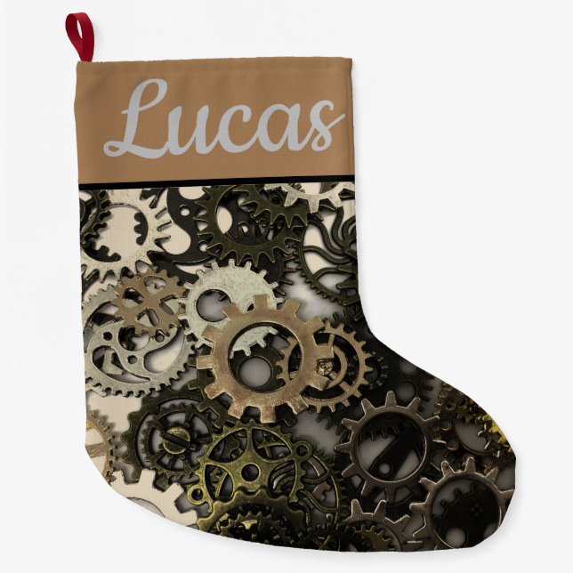 Personalised Mechanical Gears Large Christmas Stocking (Front)