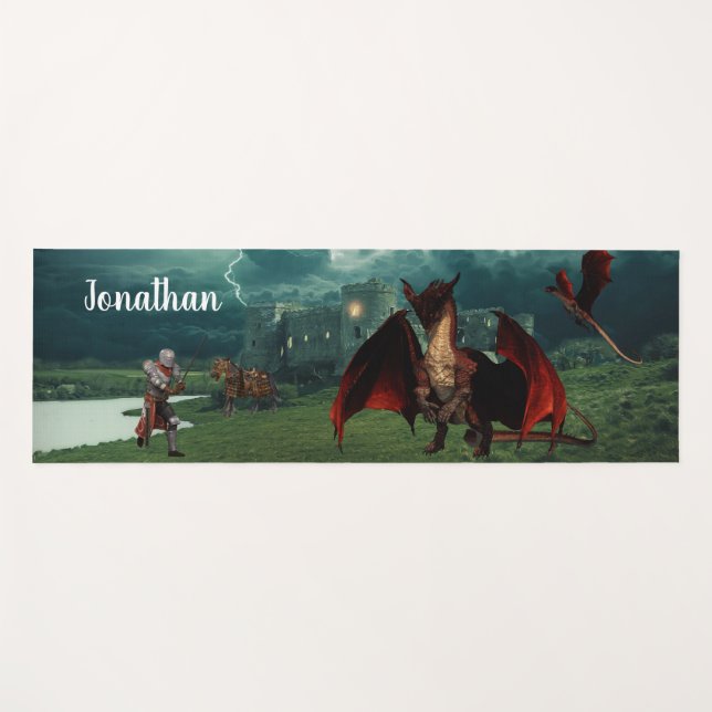Personalised Mediaeval Dragon and Knight Castle Yoga Mat (Front (Horizontal))