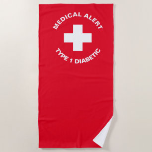 Personalised Medical Alert  Diabetic Red  Beach Towel