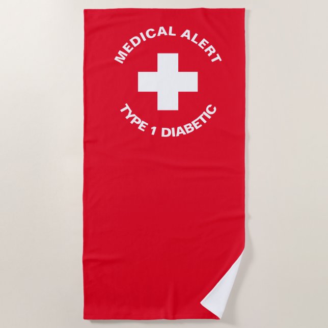 Personalised Medical Alert  Diabetic Red  Beach Towel (Front)