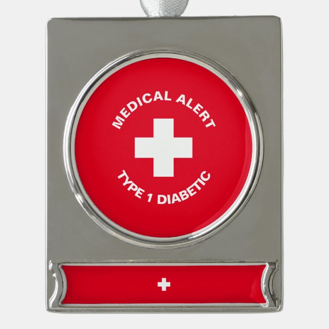 Personalised Medical Alert  Diabetic Red  Silver Plated Banner Ornament (Front)