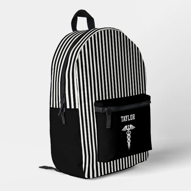 Personalised Medical Symbol Black & White Stripes Printed Backpack (Back Corner Left)