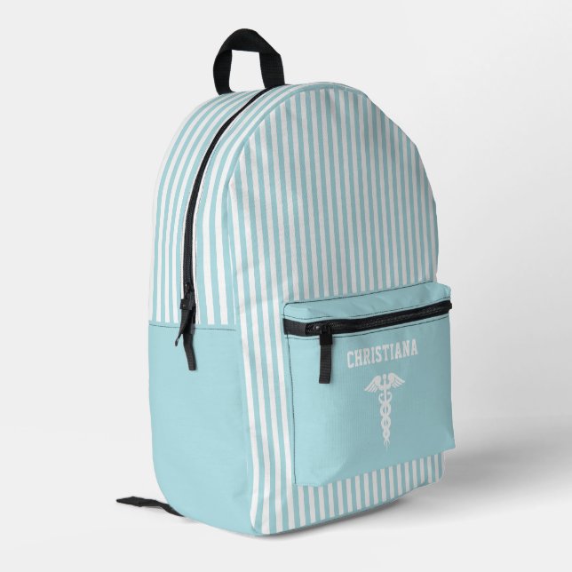 Personalised Medical Symbol Sky Blue Stripes Printed Backpack (Back Corner Left)