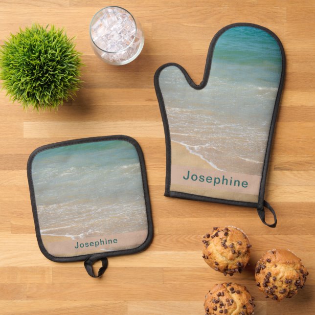 Personalised Mediterranean Beach Ocean Scene Oven Mitt & Pot Holder Set (Top Down)