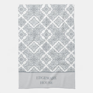 Personalised Mediterranean Grey White Tile Print Tea Towel