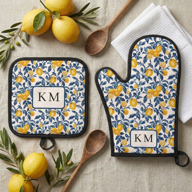 Personalised Mediterranean Lemon  Oven Mitt & Pot Holder Set (personalized monogram initials lemon mediterranean oven mitt and pot holder)