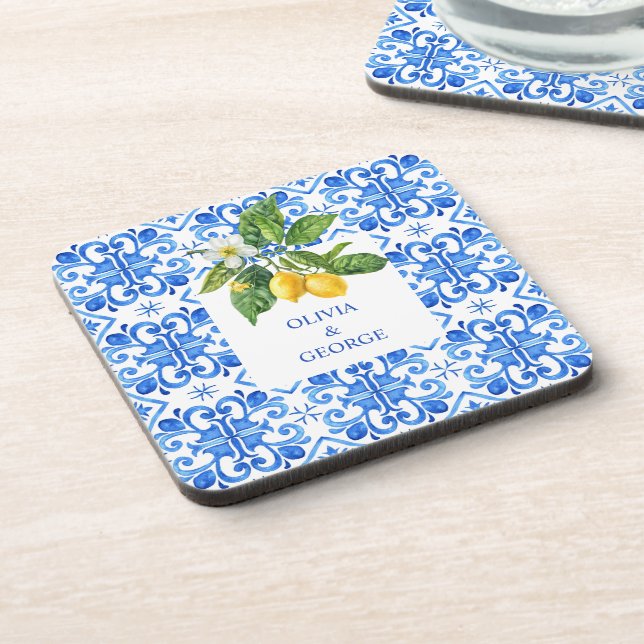 Personalised Mediterranean lemons wedding blue  Coaster (Left Side)