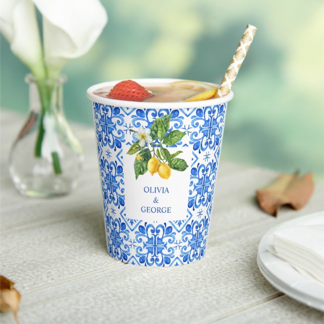 Personalised Mediterranean lemons wedding blue  Paper Cups (Insitu)