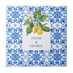 Personalised Mediterranean lemons wedding blue Tile