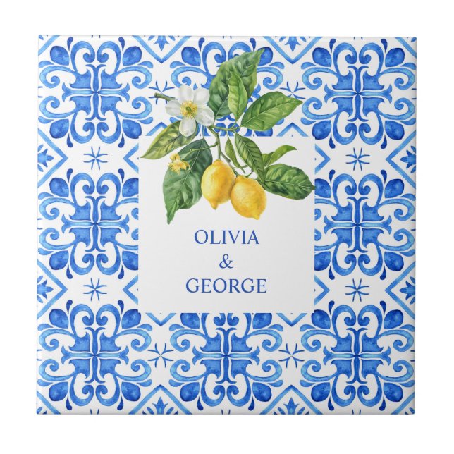 Personalised Mediterranean lemons wedding blue  Tile (Front)
