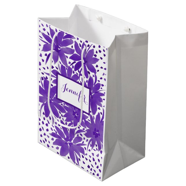 Personalised Medium Floral Design Purple Gift Bag (Front Angled)