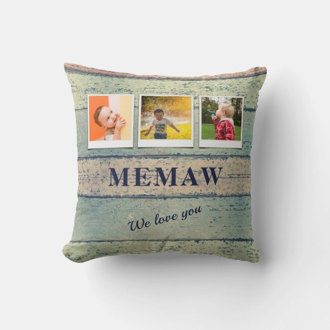Personalised Memaw Grandchildren 3 Photo Collage Cushion (Front)