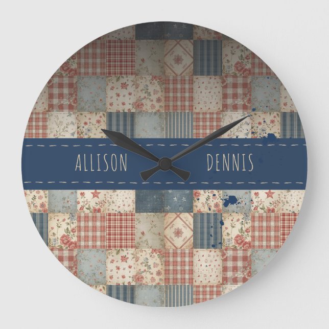 Personalised Memory Quilt Family Name Large Clock (Front)