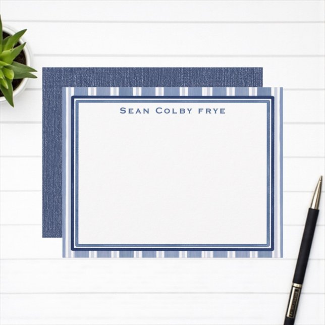 Personalised Men’s Blue Custom Stationery Card (Blue striped personalized men’s stationery)