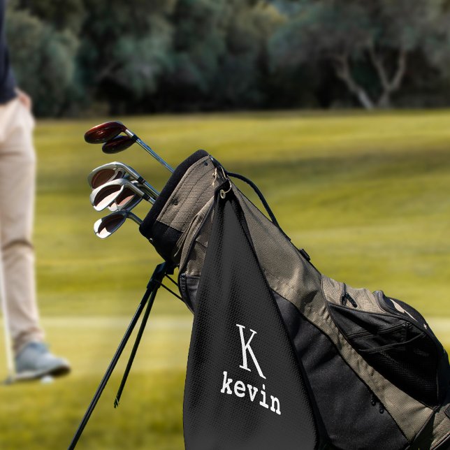 Personalised men's monogram name black and white golf towel (Creator Uploaded)